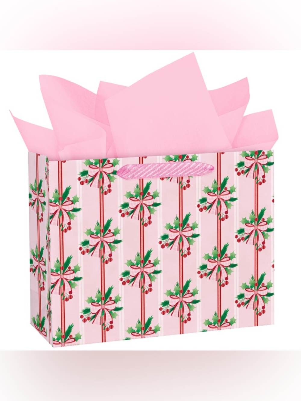Pink Holiday Bow Pattern Gift Bag with Pink Tissue